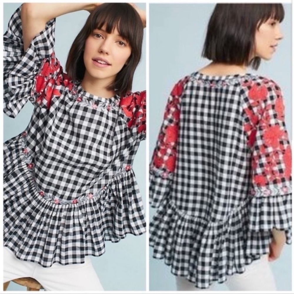 Anthropologie Pankaj & Nidhi Gingham Swing Top Embroidered Small S